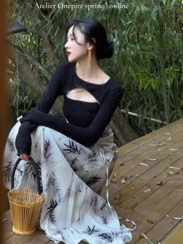 Cvetlični Elegantne Večerne Stranka Midi Obleka Ženske Francija Letnik 2 Kosa Obleko Določa Poletje 2023 Tiskanja Priložnostne Retro Kitajski Stil