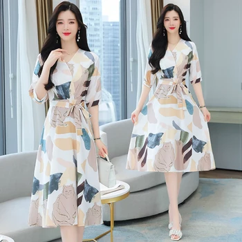 Elegantne Ženske Poletje Šifon Obleko Priložnostne Proti-vrat Kratek Rokav Pasu Tunika Povoj Plaži Dolgo Obleko korejski Moda Natisnjeni Robe