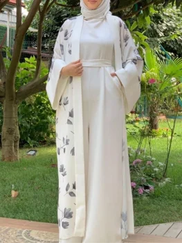 Kimono Abaya Ujemanje Jumpsuit Muslimanskih Določa Perilo, Obleko, Hidžab Turčija Odprite Abayas za Ženske Dubaj tam kaftan Ramadana Eid Islam Obleke