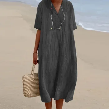 Preprost Barva Svoboden Ženske obleke 2023 Poletje Plaža Bombaž Perilo, Obleko Priložnostne Proti-vrat Kratek Rokav Naguban Dolgo Obleko Vestidos
